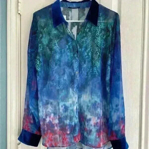 T Tahari Women's Martha Blue Pink Semi Sheer Long Sleeve Blouse, Medium